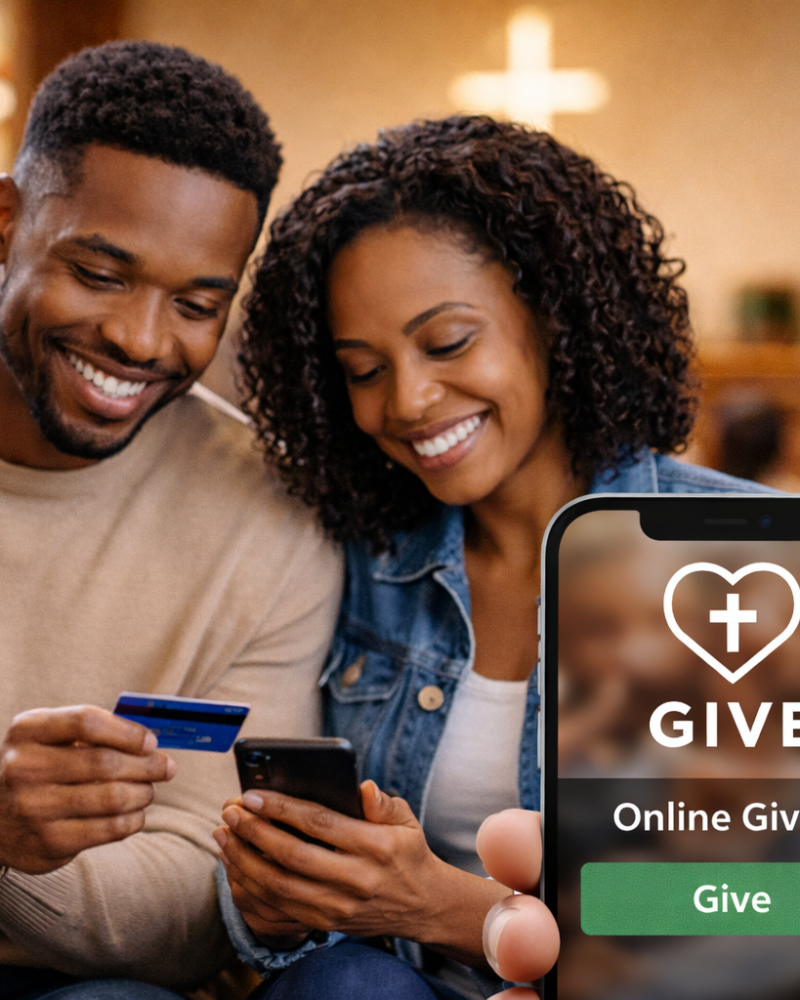 Couple donating in church, smartphone in hand